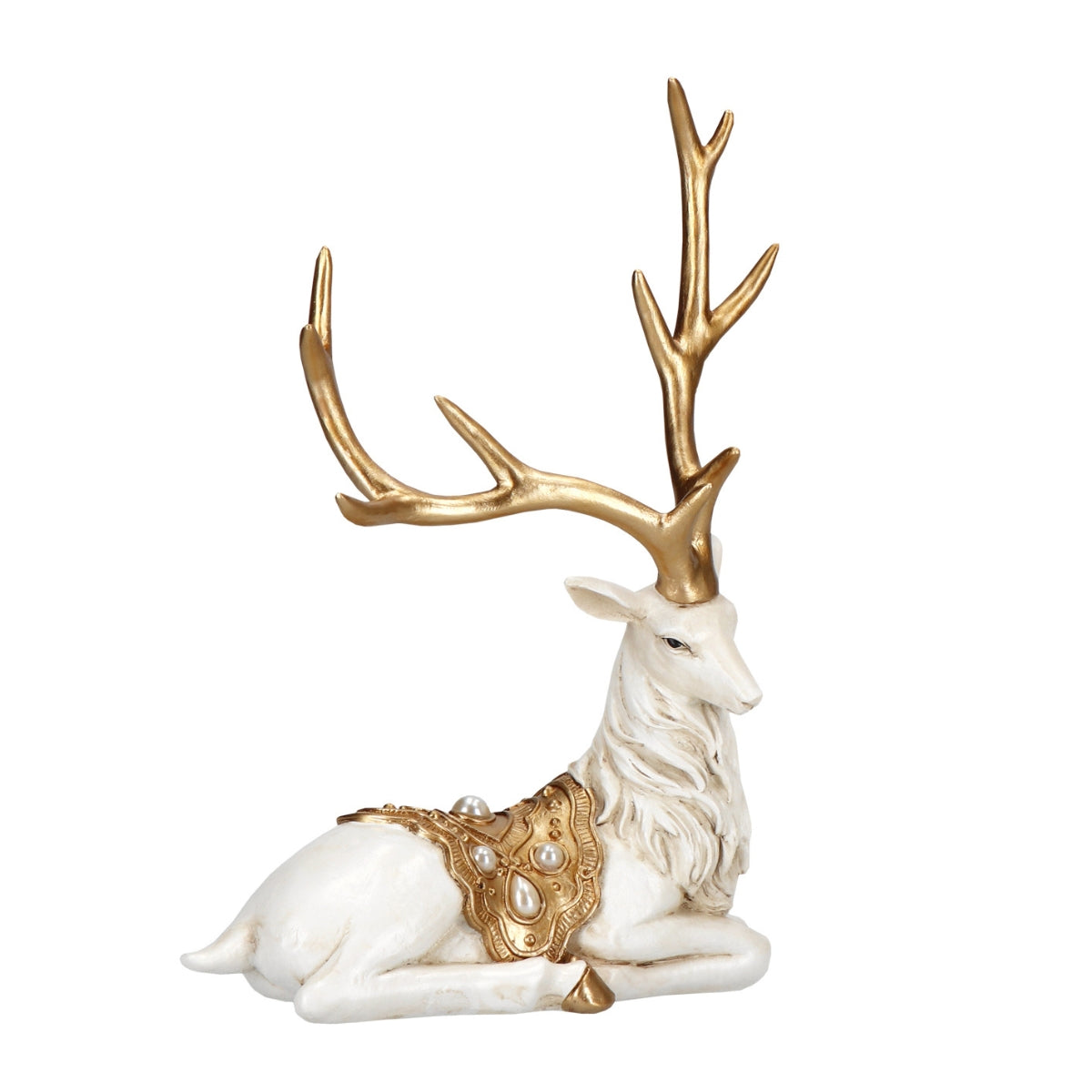 Decoratiune Craciun cerb elegant alb cu auriu, polirasina, 24 cm