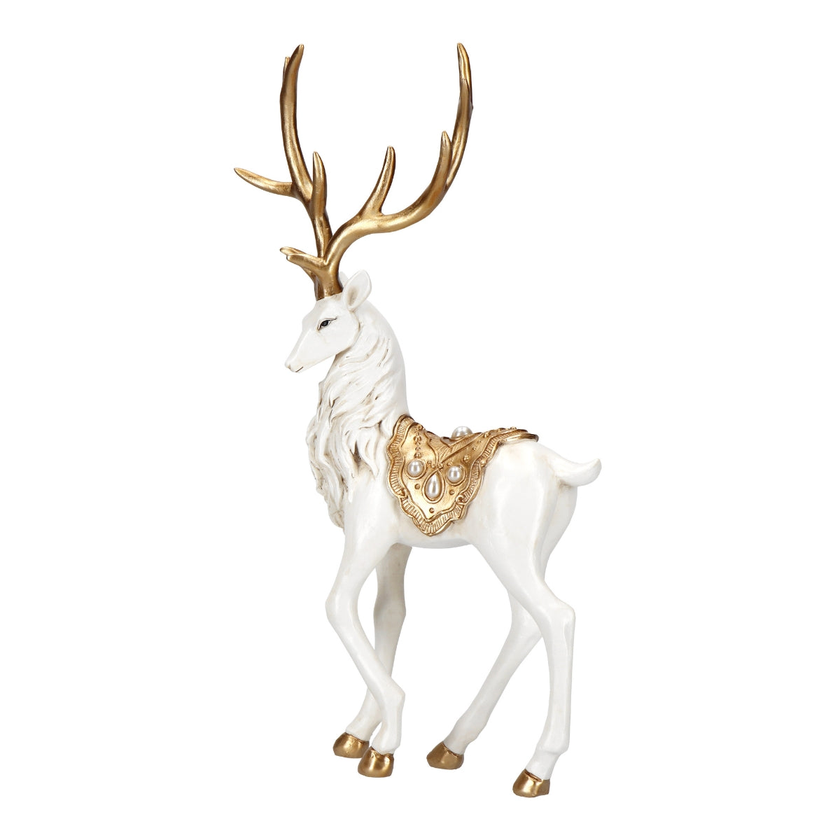 Decoratiune Craciun cerb elegant alb cu auriu, polirasina, 35 cm