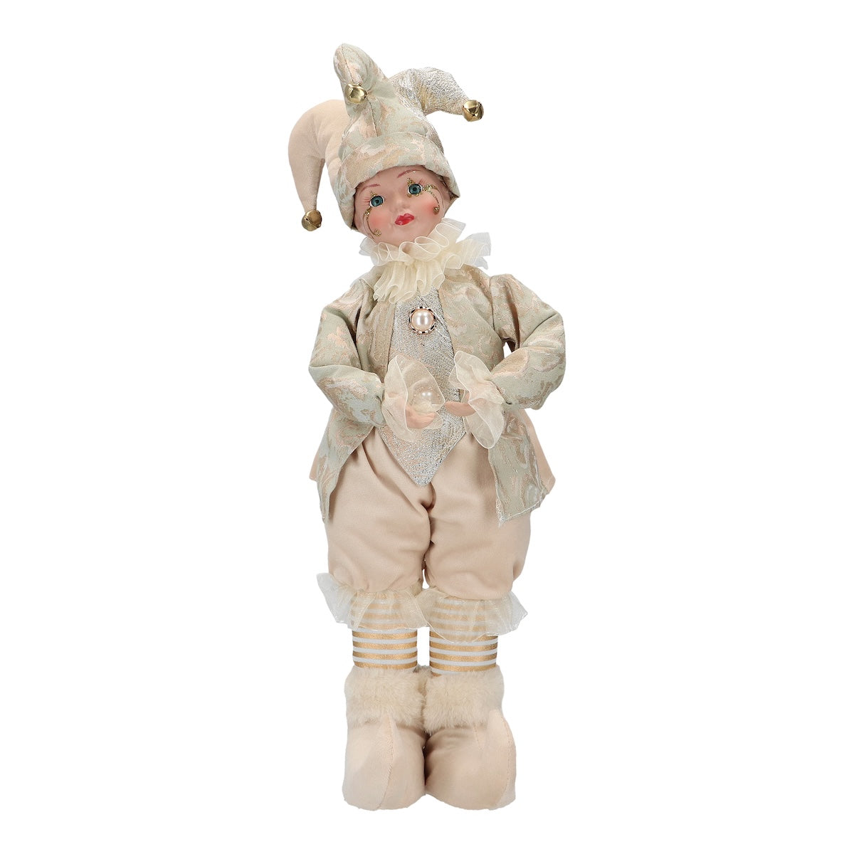 Decoratiune de Craciun bufon cu muzica si miscare imbracat in costum festiv in nuante de crem verde si auriu inaltime cincizeci centimetri