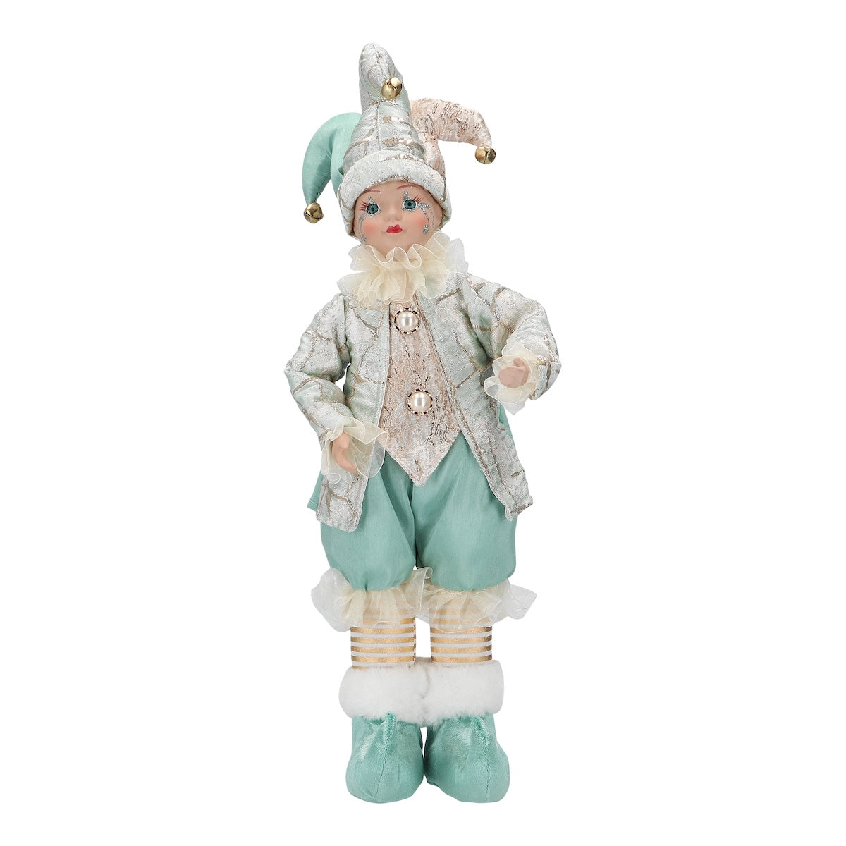 Decoratiune de Craciun bufon in costum turcoaz alb auriu cu muzica si miscare inaltime cincizeci centimetri