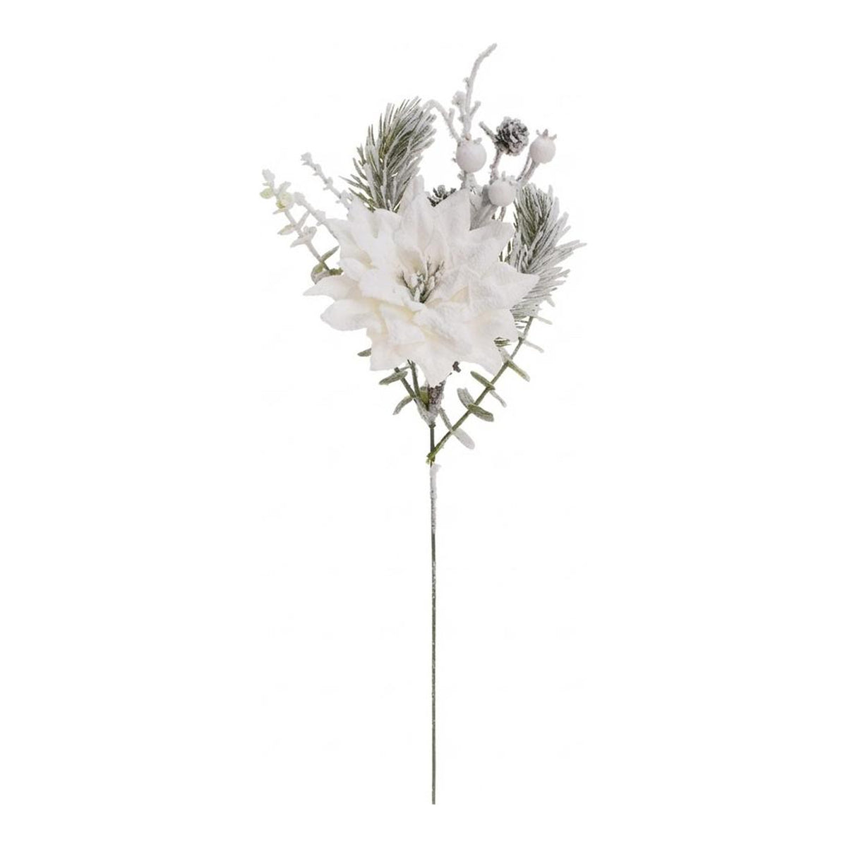 Crenguta artificiala de brad cu aspect nins decorata cu conuri si floare alba