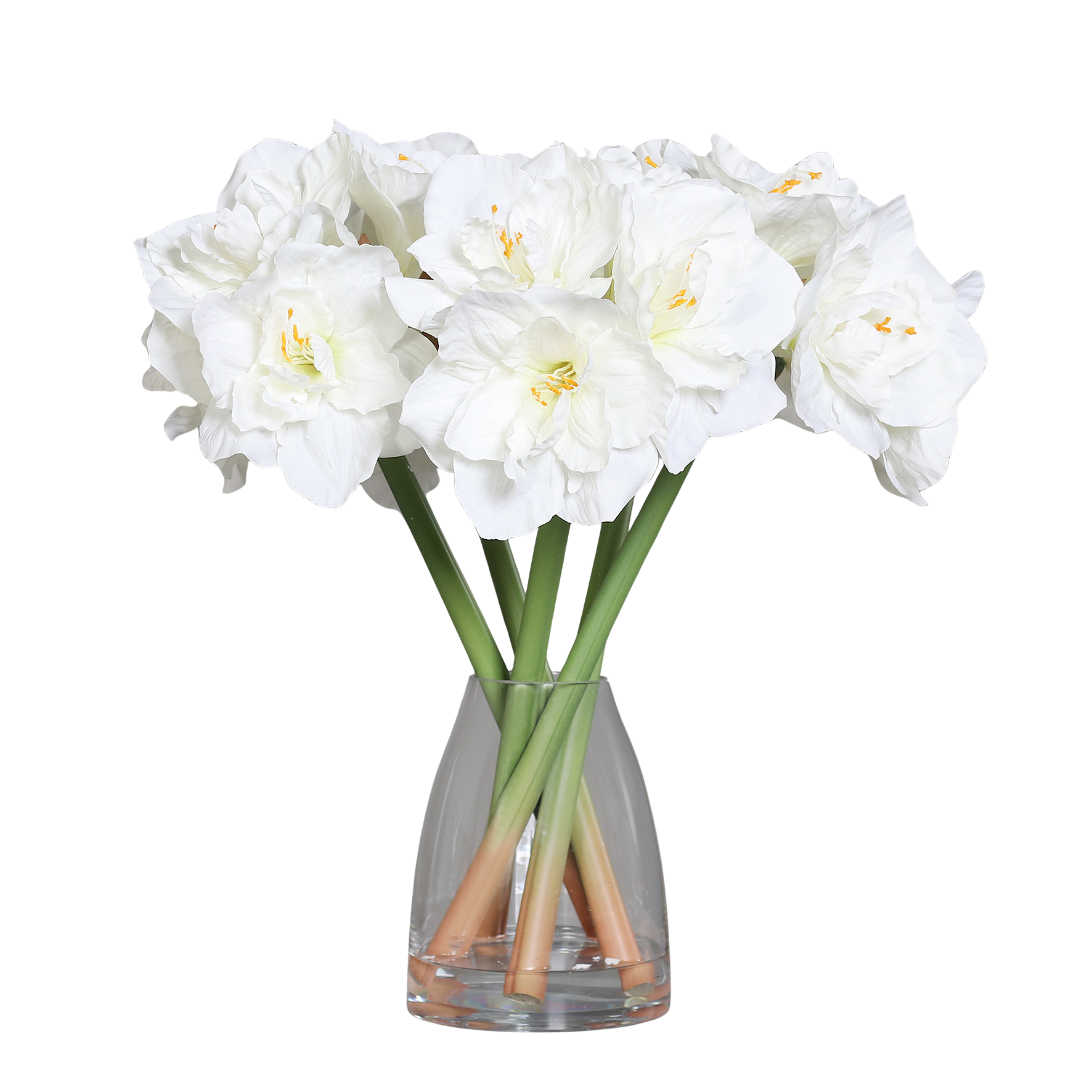 Aranjament floral cu flori albe de Amaryllis in vaza transparenta cu apa artificiala