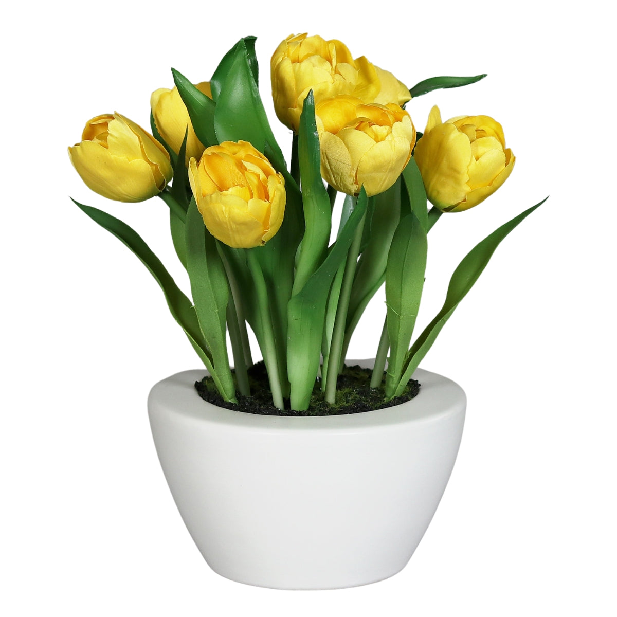 Aranjament floral cu lalele artificiale galbene asezate intr un vas ceramic pe o masa