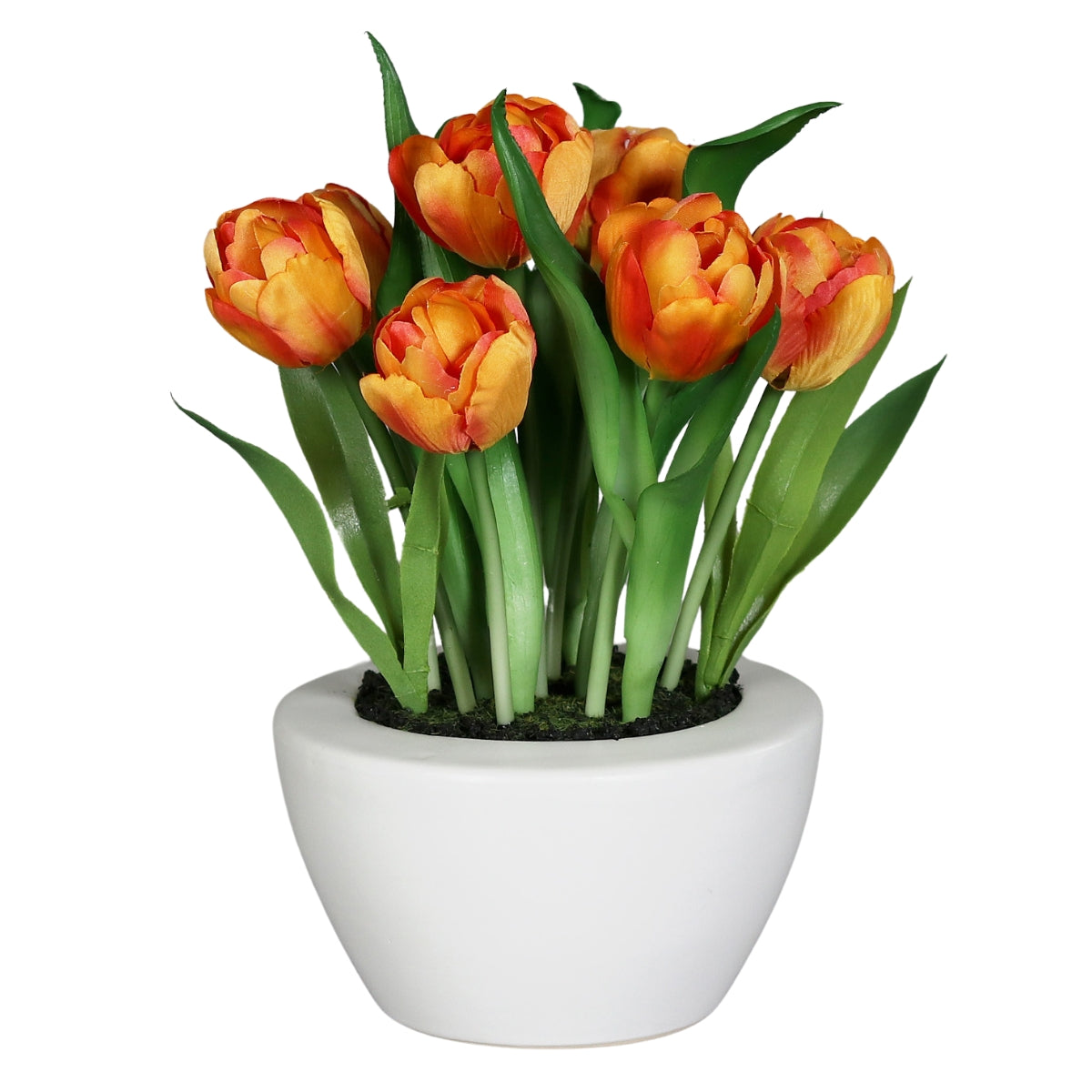 Aranjament floral cu lalele artificiale portocalii asezate intr un vas ceramic decorativ pentru masa
