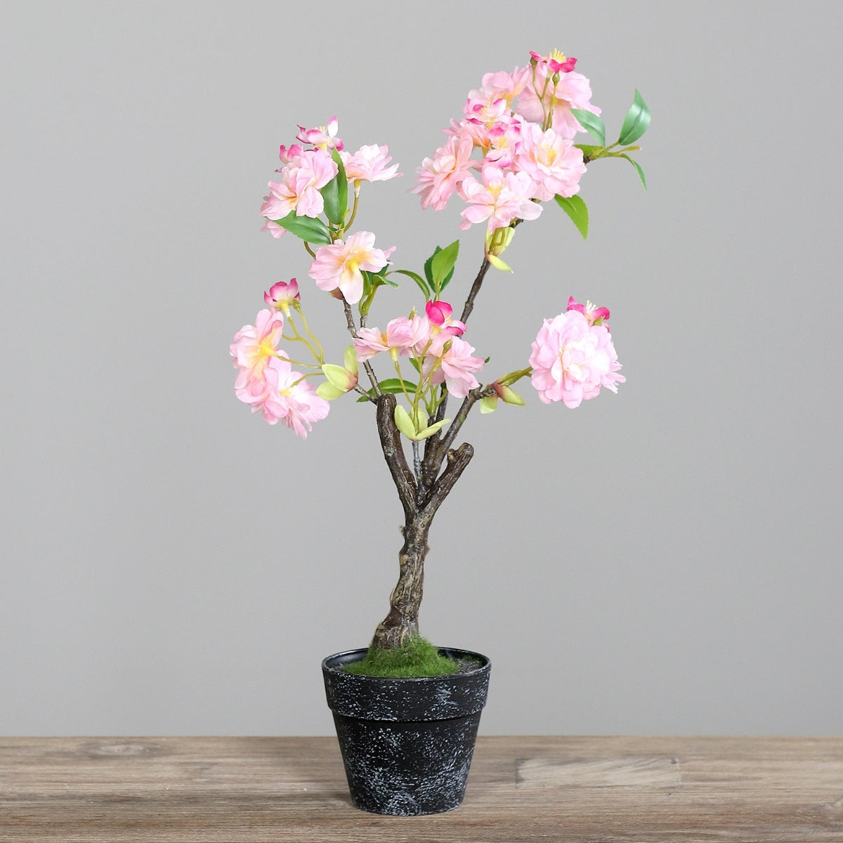 Cires artificial pitic cu flori roz, in ghiveci, 40 cm