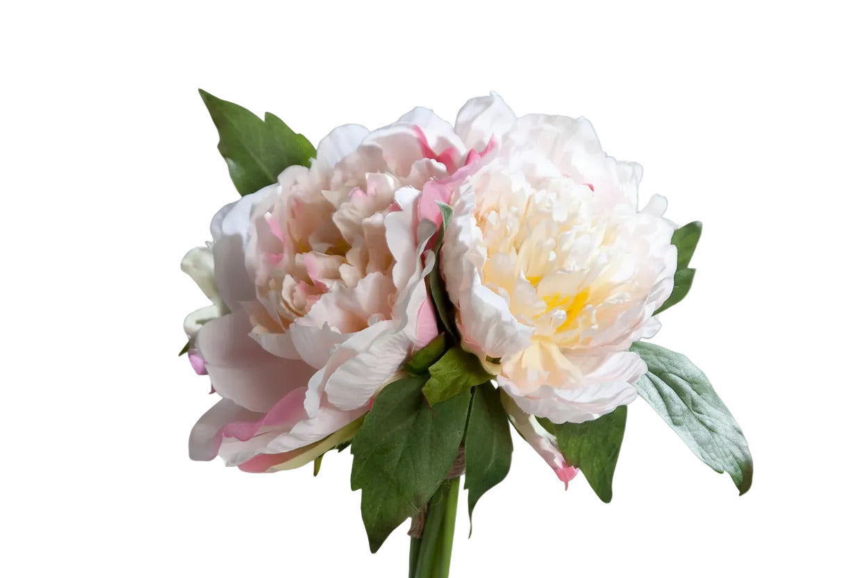 buchet artificial cu trei bujori in nuante de roz si alb de 26 cm inaltime