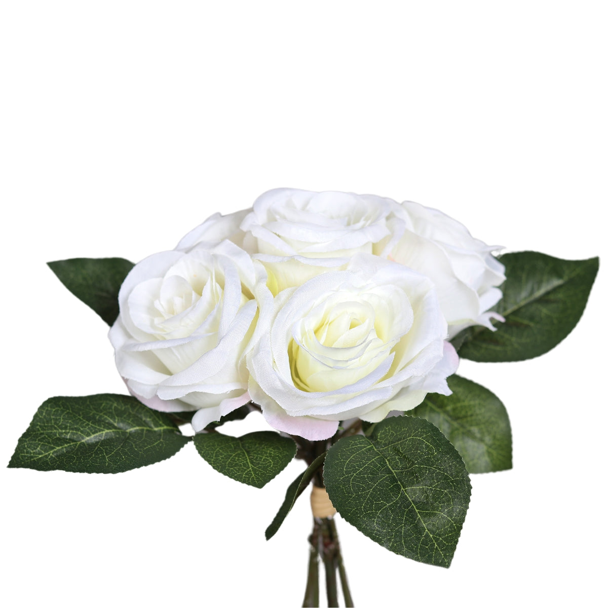 Buchet de sase trandafiri artificiali de culoare alba cu lungimea de douazeci si sapte centimetri pentru decoratiuni interioare