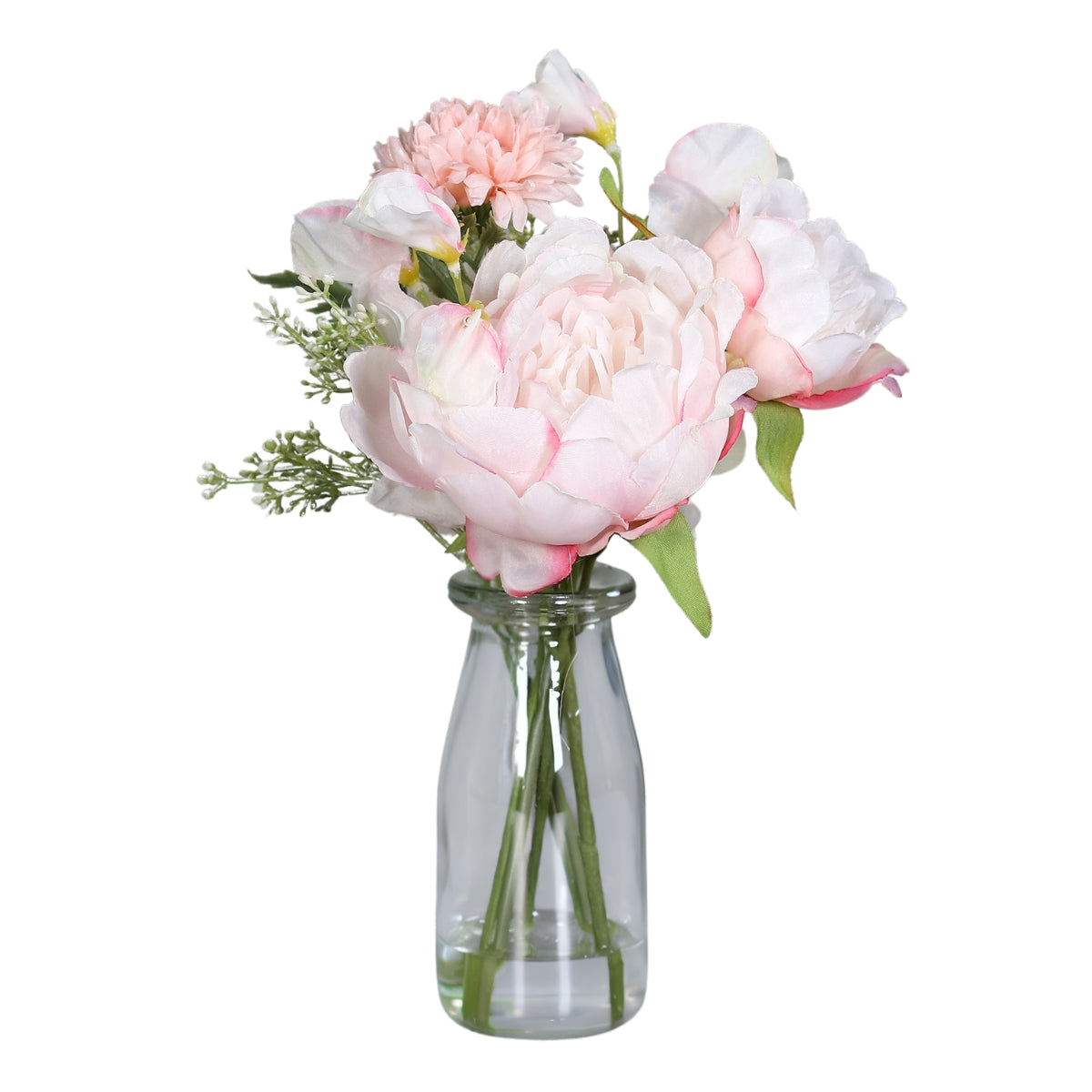 Aranjament floral cu flori artificiale roz asezate intr-un vas de sticla transparent de treizeci si doi centimetri