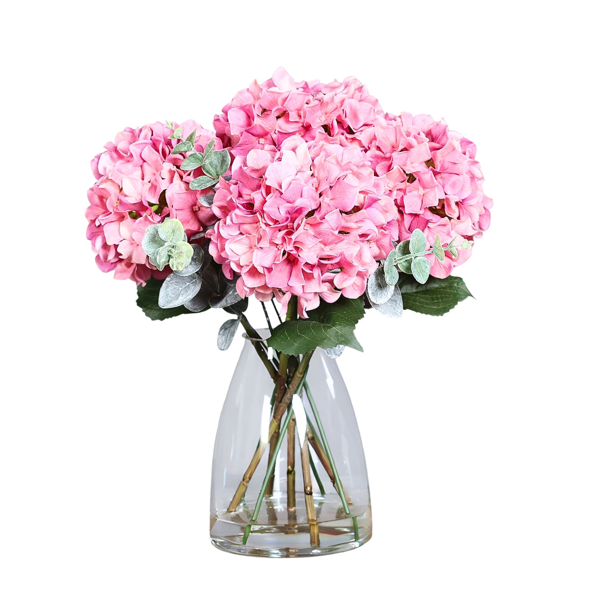 Aranjament floral premium cu hortensii artificiale de culoare roz asezate intr-un vas din sticla transparenta