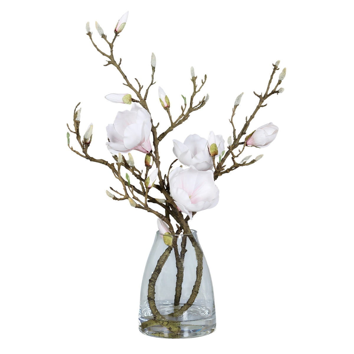 Aranjament floral premium cu magnolii artificiale albe in vas de sticla inaltime cincizeci centimetri