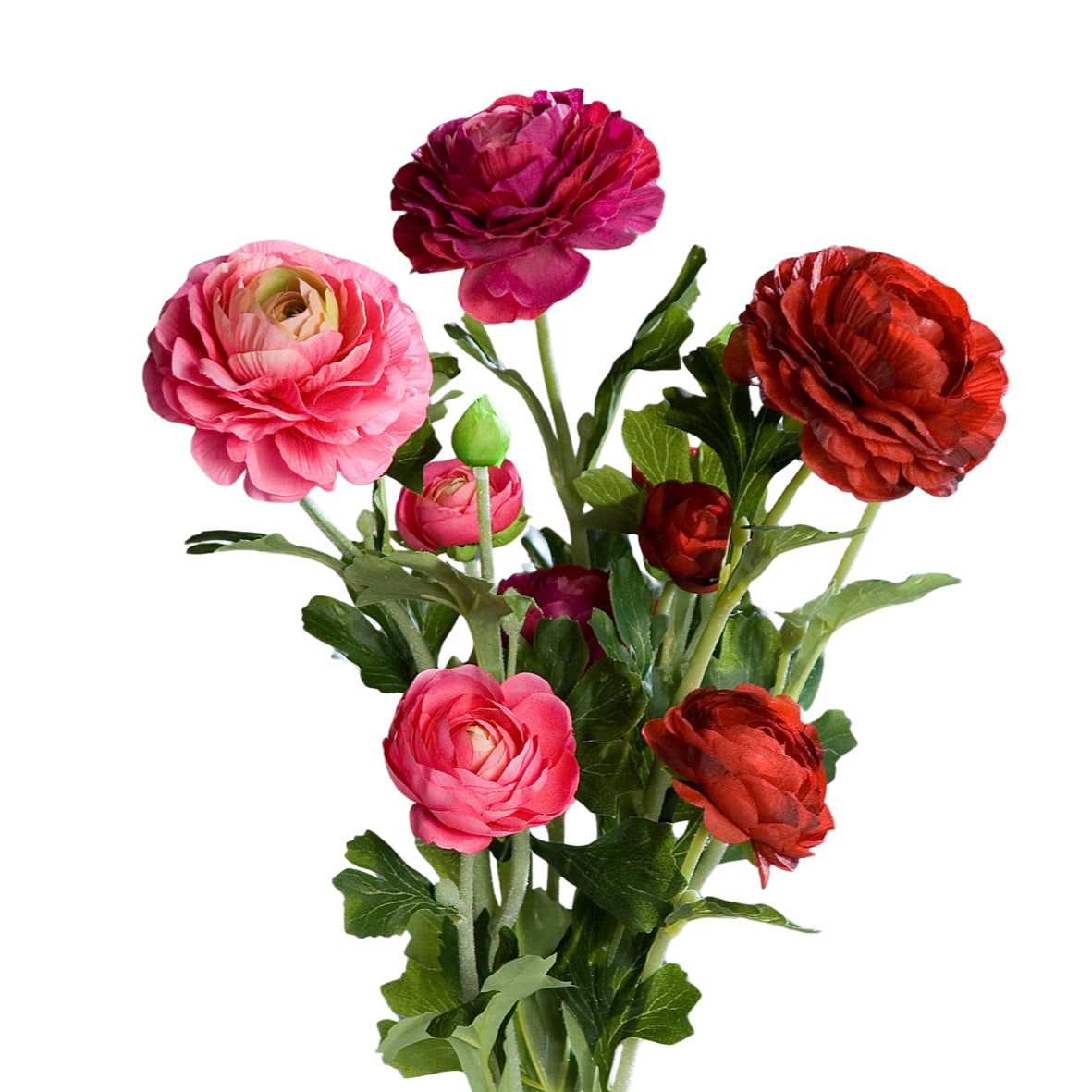 Buchet de trei fire de ranunculus artificiale in nuante de fucsia si roz cu lungimea de saizeci si doi centimetri
