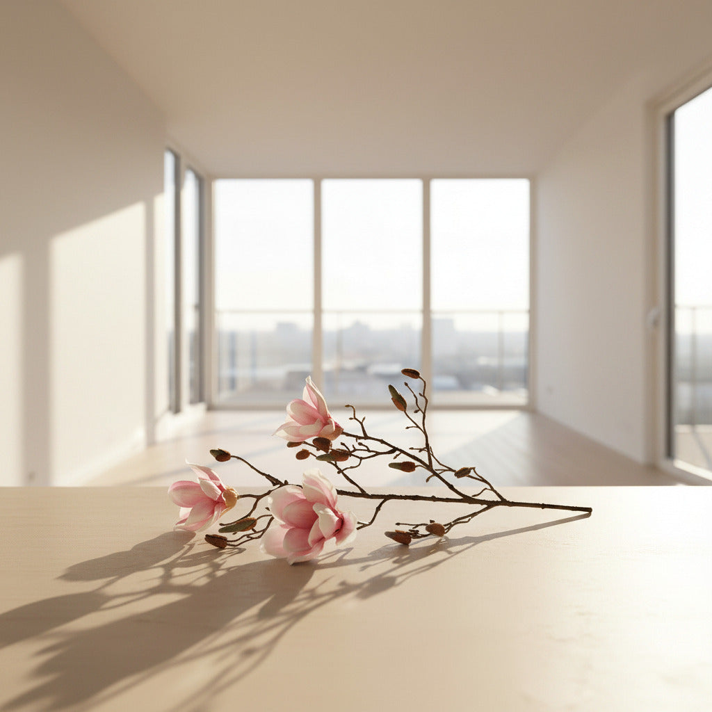 Crenguta artificiala magnolie roz deschis, 87 cm