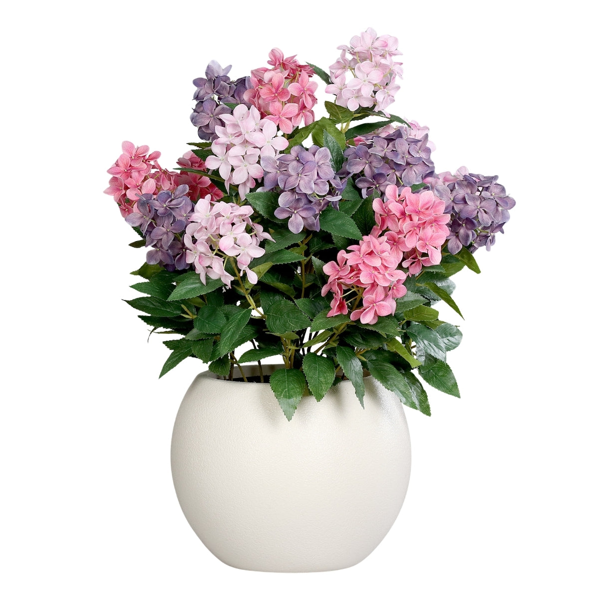 Hortensii artificiale roz si mov in tufa de 18 fire in vas de plastic, 67 cm