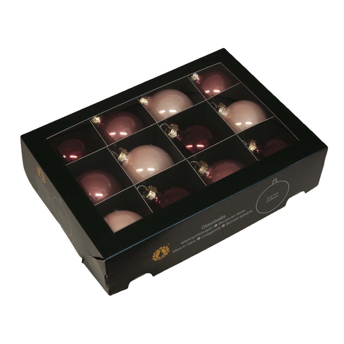 Set de douasprezece globuri rotunde din sticla lucioasa de culoare roz prafuit ambalate in cutie de carton transparenta