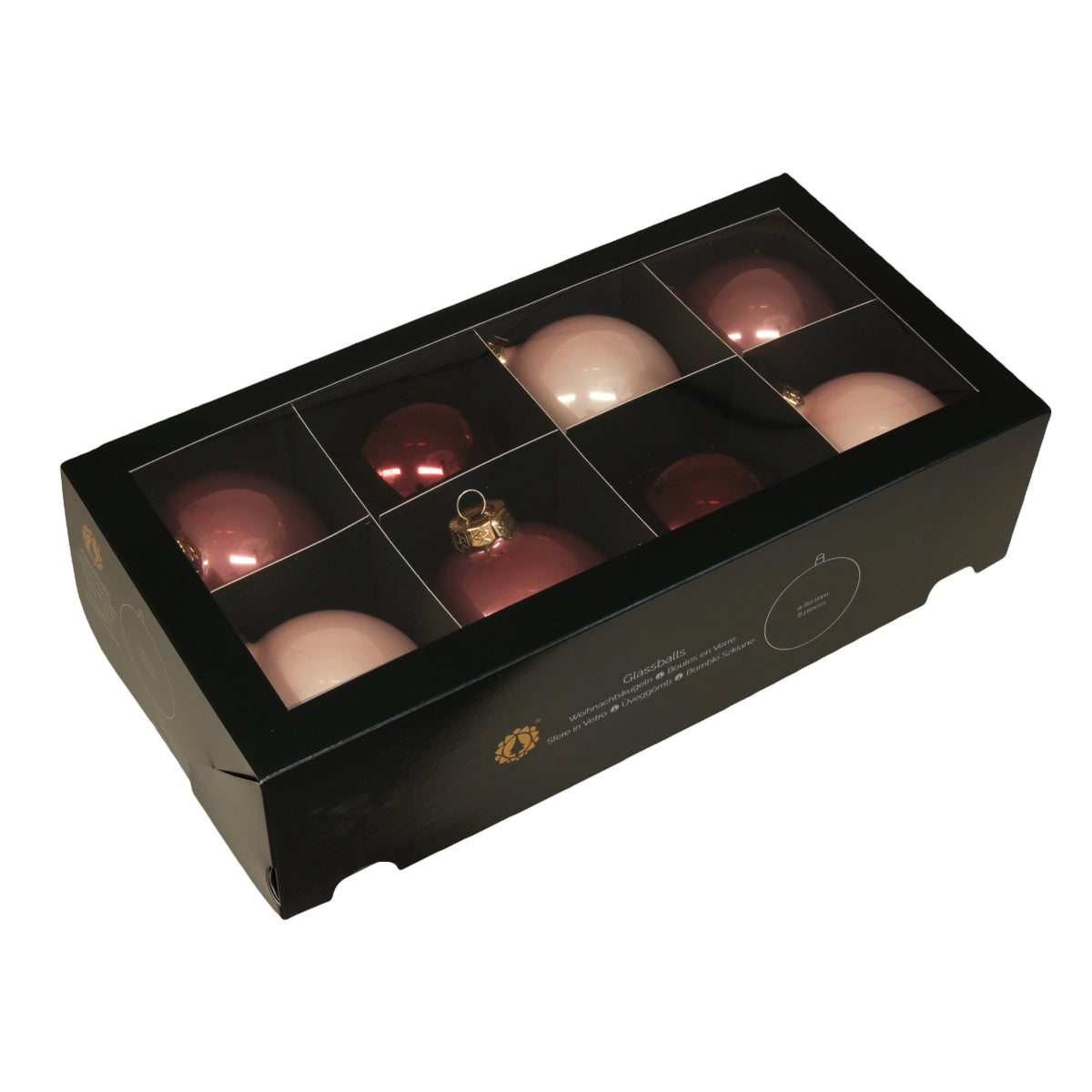 Set opt globuri rotunde din sticla lucioasa de culoare roz prafuit pentru bradul de Craciun ambalate in cutie