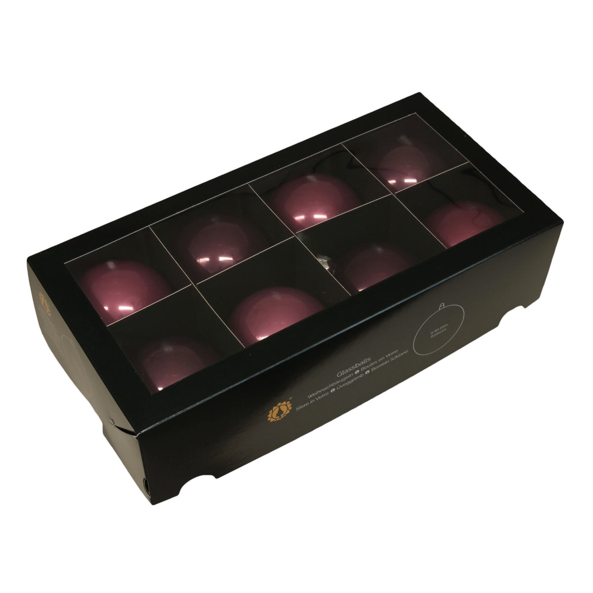 Set de opt globuri rotunde din sticla de culoare visiniu inchis cu finisaj lucios ambalate in cutie pentru decorul bradului de Craciun