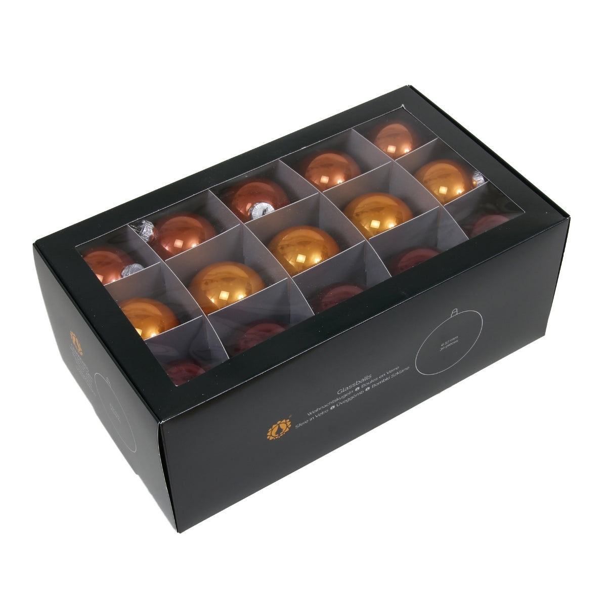 Set de treizeci de globuri rotunde din sticla lucioasa in nuante de maro caramel ambalate in cutie