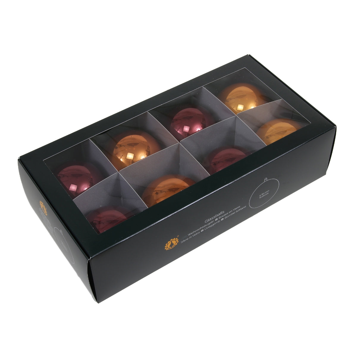 Set opt globuri din sticla lucioasa de culoare maro caramel pentru bradul de Craciun ambalate in cutie