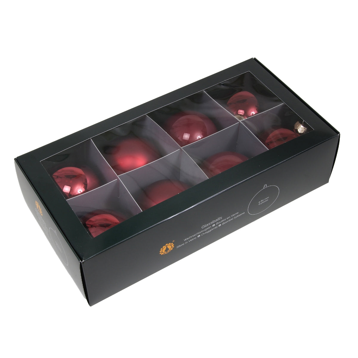 Set opt globuri din sticla rosie rubinie lucioase si mate pentru bradul de Craciun ambalate in cutie