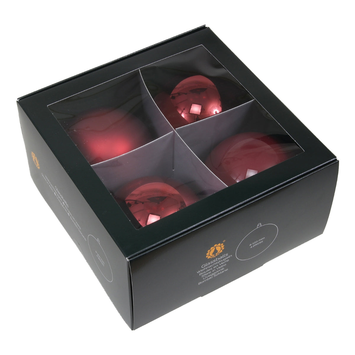 Set de patru globuri din sticla de culoare rubinie cu finisaj lucios si mat ambalate in cutie de prezentare