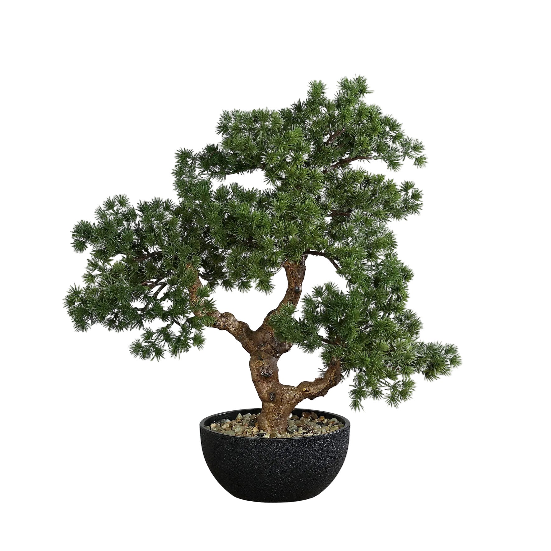 Bonsai artificial cu frunze verzi in ghiveci negru de plastic pe fundal neutru