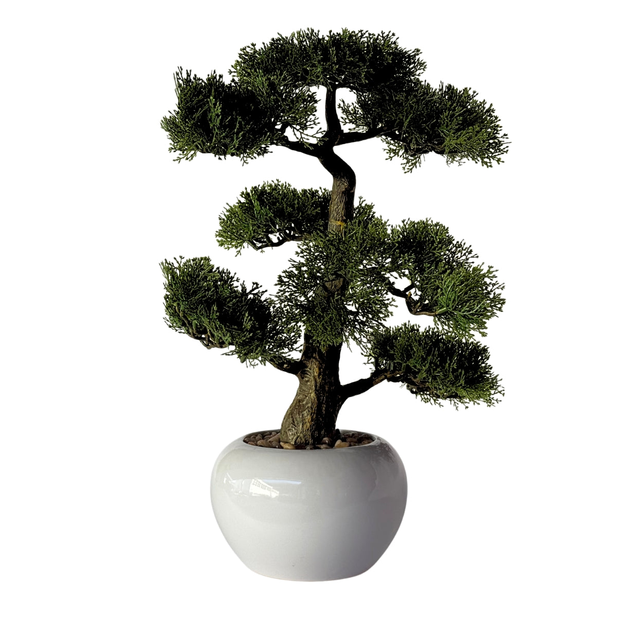 Bonsai artificial ienupar, in bol ceramic alb, 48 cm