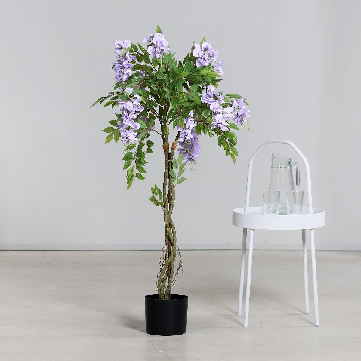 Planta decorativa artificiala glicina cu flori mov in ghiveci, 120 cm