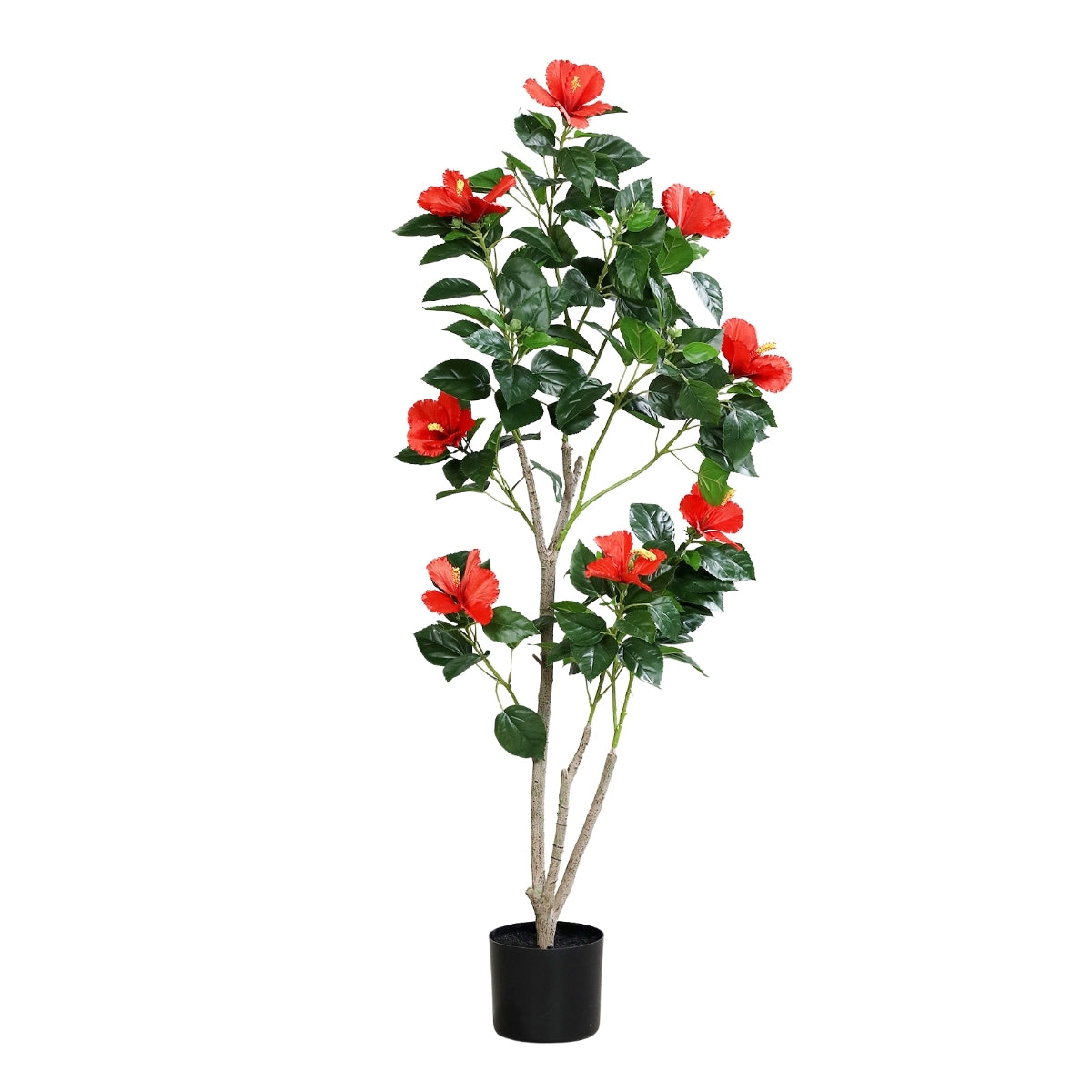 Planta decorativa trandafir japonez artificial rosu in ghiveci de plastic, 120 cm