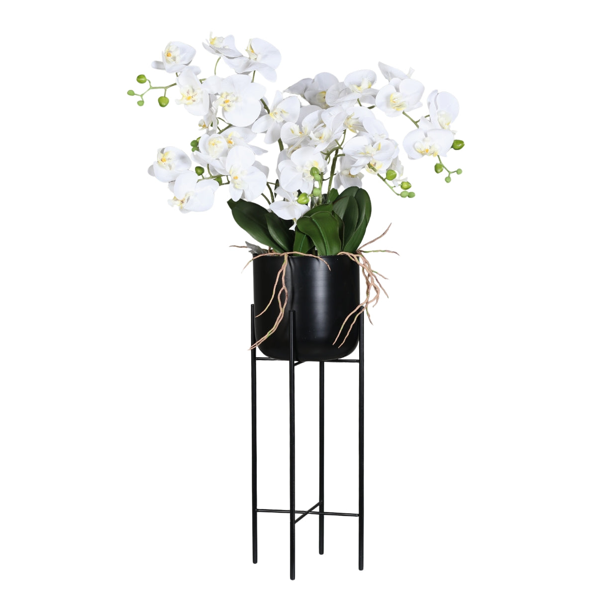 Orhidee artificiala alba in ghiveci negru de metal cu picioare, 100 cm