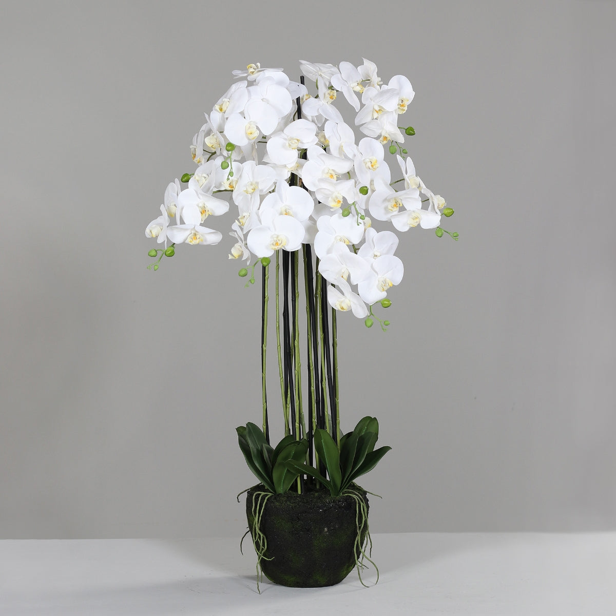 Orhidee artificiala alba cu aspect natural, in bila de pamant, 110 cm