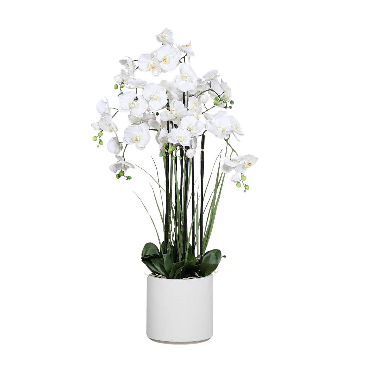 Aranjament cu orhidee artificiala alba si cu iarba in vas de plastic, 120 cm