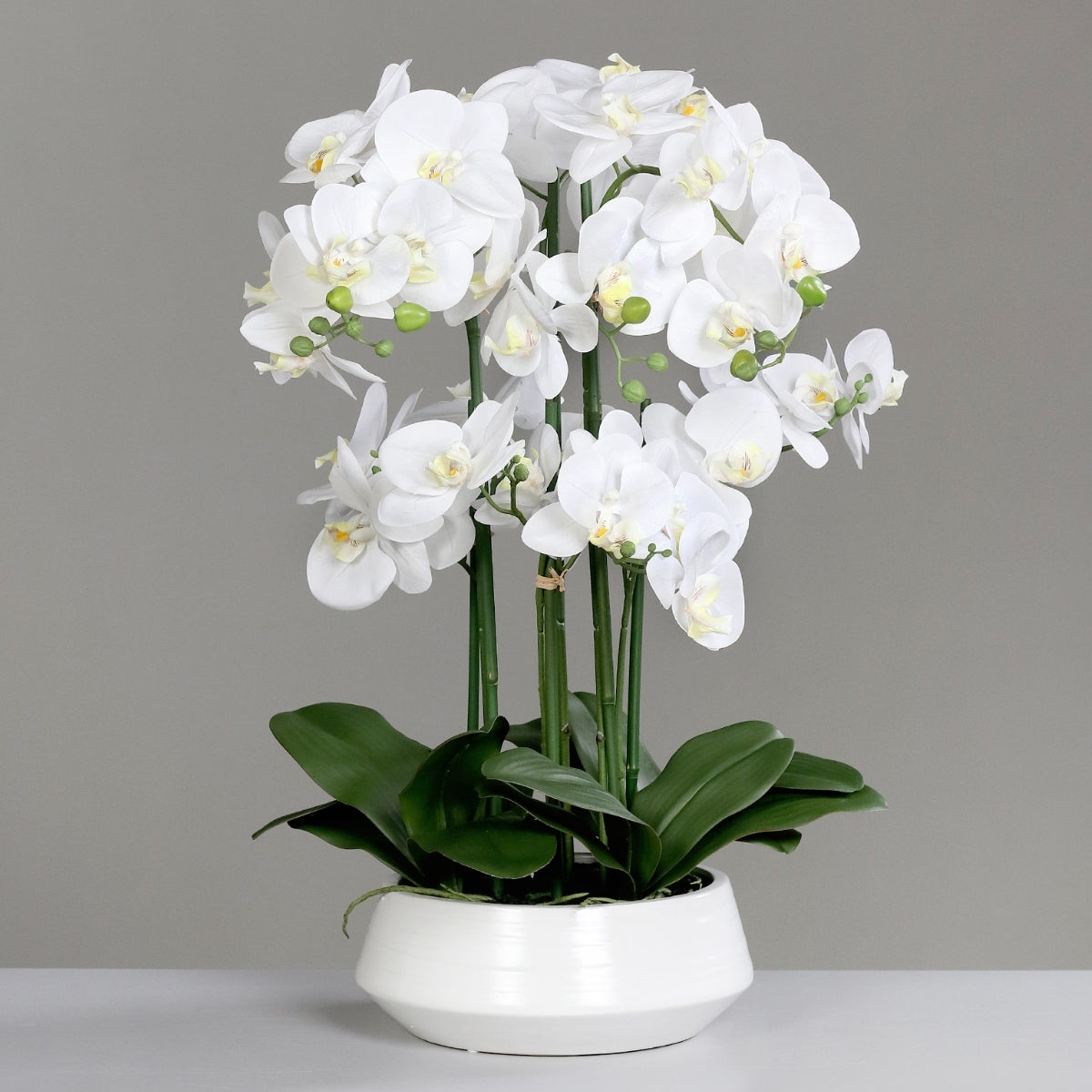 Aranjament cu orhidee artificiala alba in vas ceramic, 70 cm