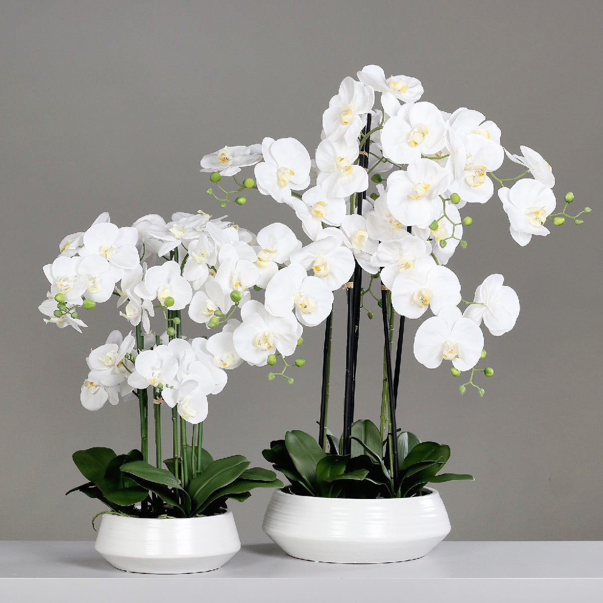 Aranjament cu orhidee artificiala alba in vas ceramic, 70 cm