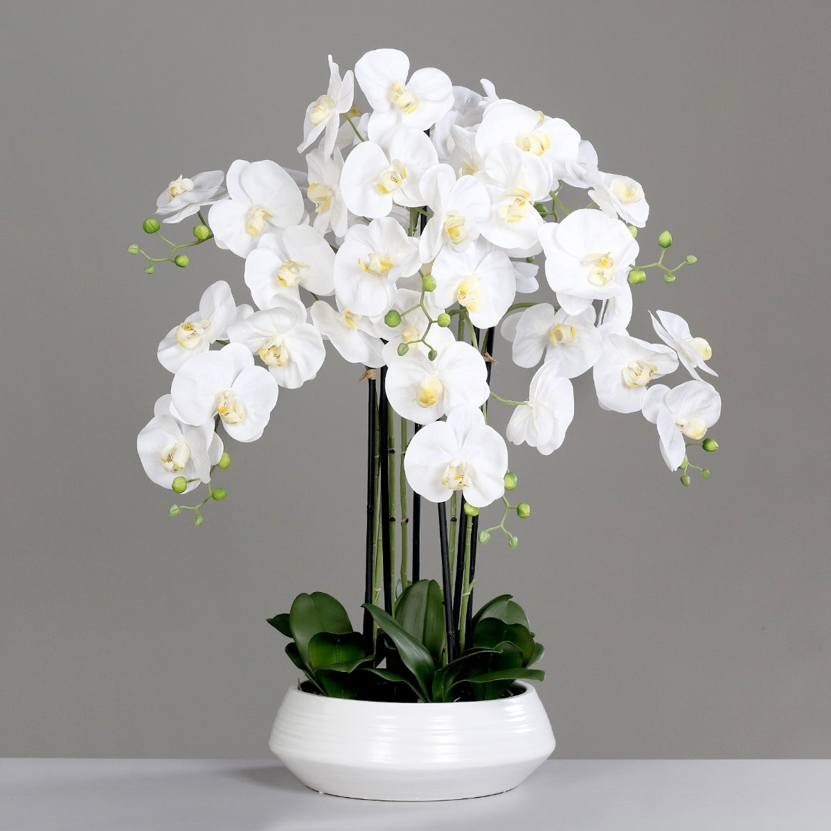 Aranjament cu orhidee artificiala alba in vas ceramic, 90 cm