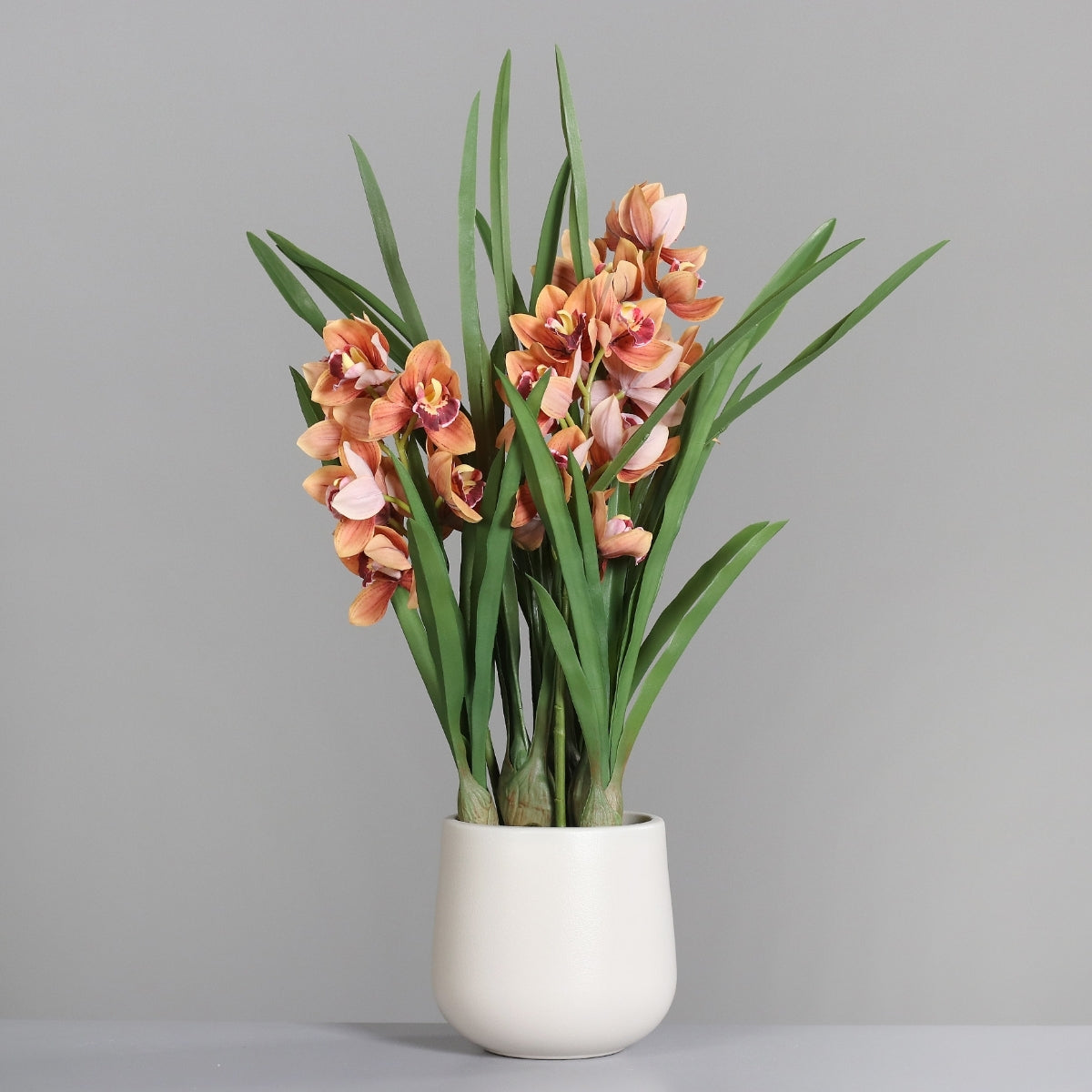 Aranjament cu orhidee artificiala Cymbidium portocalie in vas de plastic, 100 cm