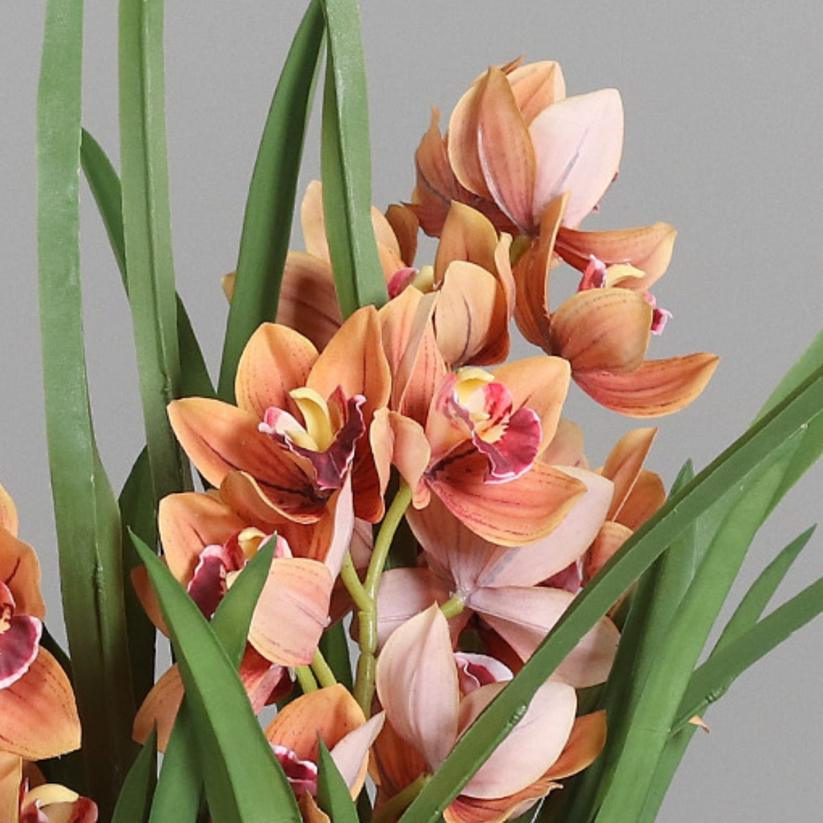 Aranjament cu orhidee artificiala Cymbidium portocalie in vas de plastic, 100 cm