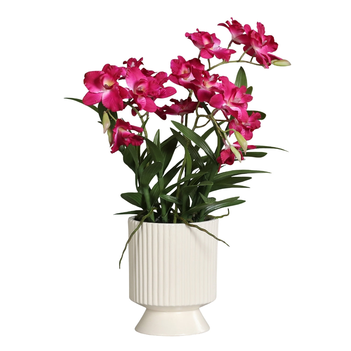 Aranjament cu orhidee artificiala Dendrobium fucsia in vas ceramic, 47 cm