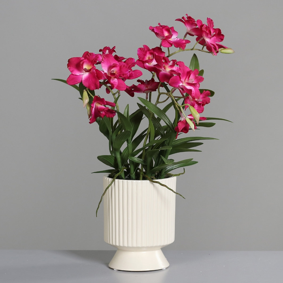 Aranjament cu orhidee artificiala Dendrobium fucsia in vas ceramic, 47 cm