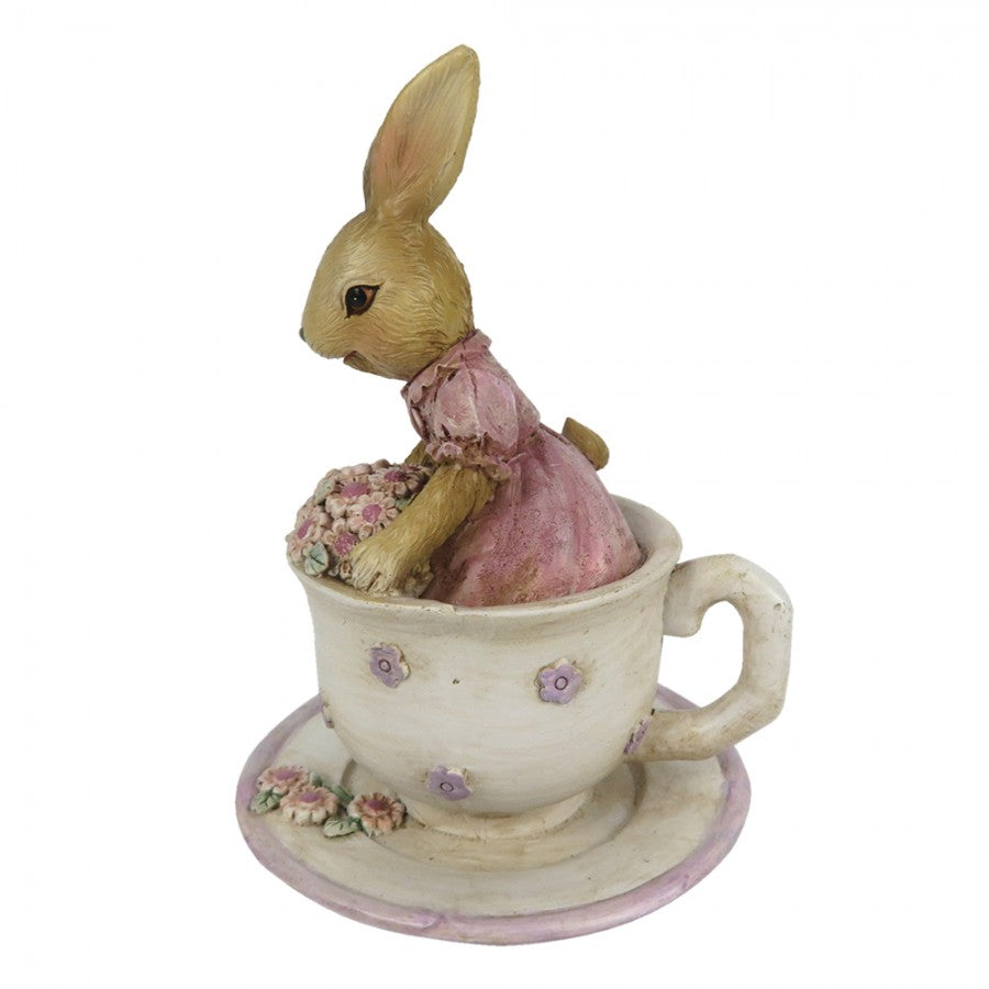 Decoratiune Paste Iepuras fetita cu buchet de flori in canuta polirasina 11 cm
