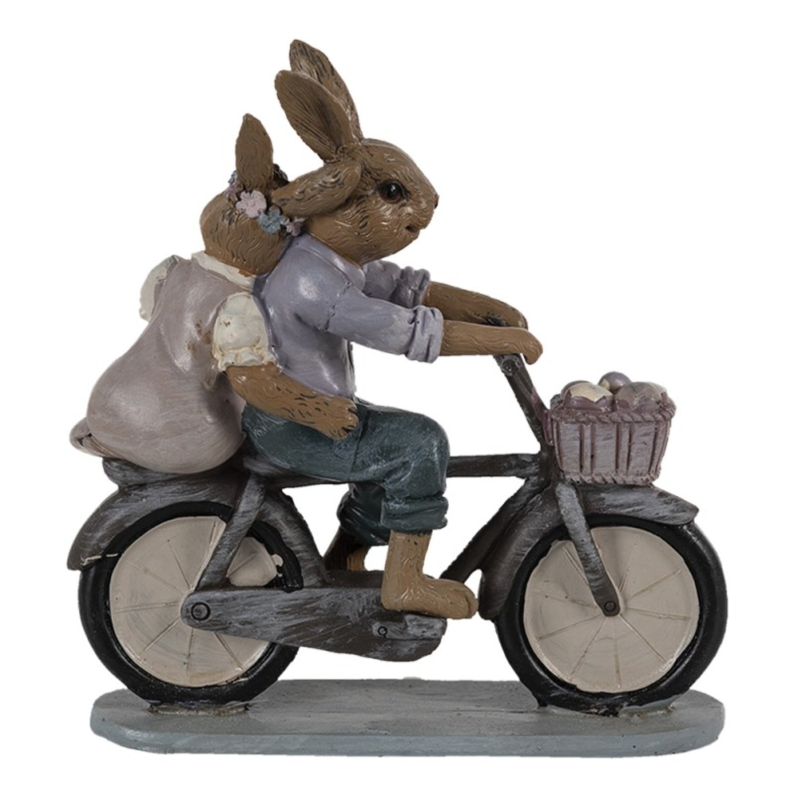 Decoratiune de Paste cu iepurasi pe o bicicleta cu detalii festive de primavara