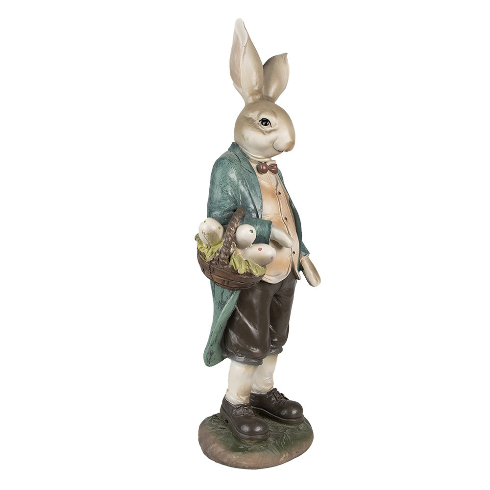 Decoratiune Pasti iepuras in costum rustic, cu cos cu oua, 38 cm