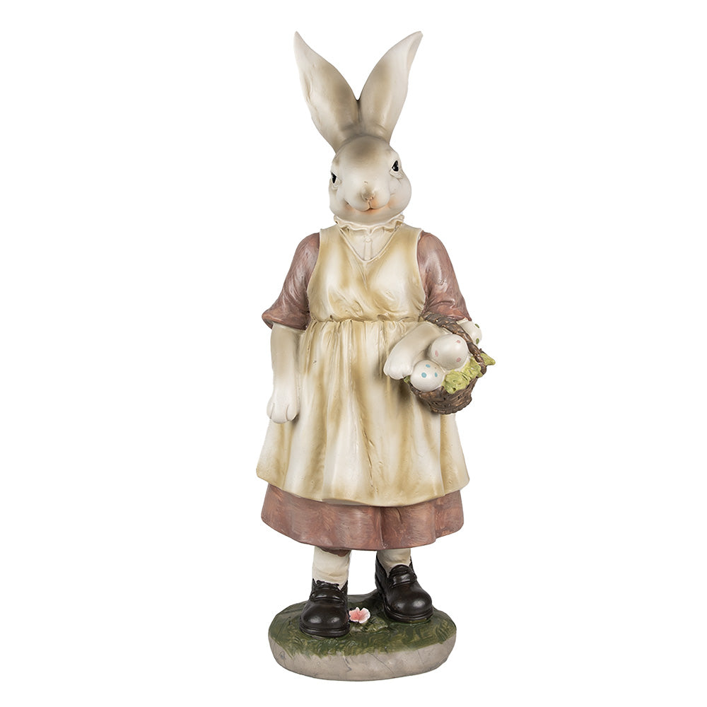 Decoratiune de Pasti reprezentand un iepuras doamna imbracata in costum rustic tinand un cos cu oua de 38 cm