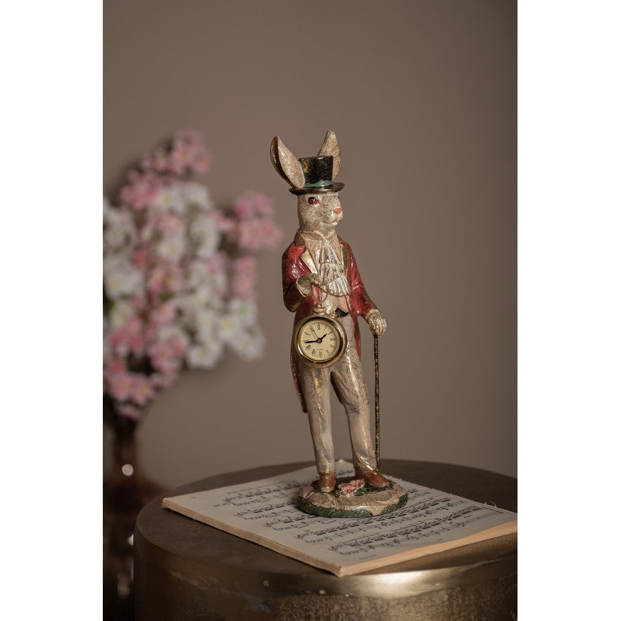 Decoratiune Pasti iepuras cu ceas cu baterie, model antichizat 39 cm