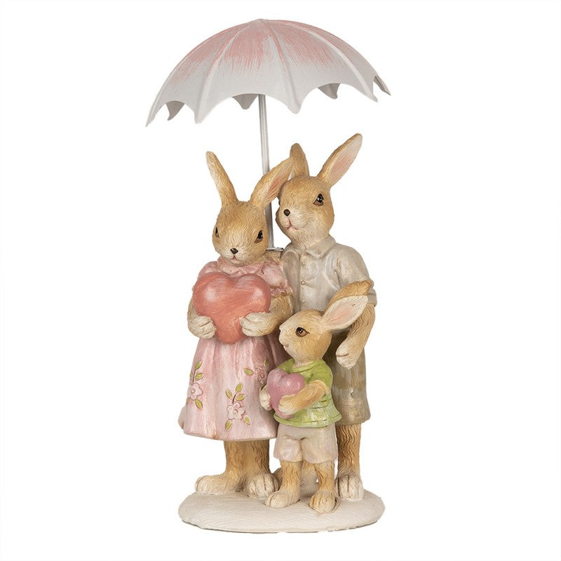 Decoratiune de Paste cu trei iepurasi sub o umbreluta avand inaltimea de 19 cm