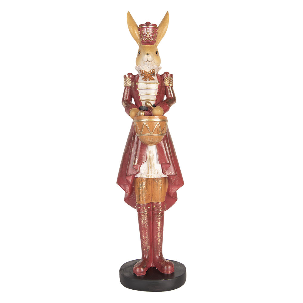 Decoratiune de Pasti reprezentand un iepuras in picioare imbracat in costum rosu de ofiter cu detalii aurii avand inaltimea de 48 cm