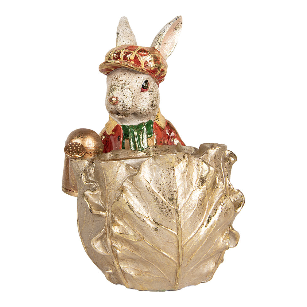 Decoratiune Pasti iepuras cu ghiveci pentru flori, model antichizat, 30 cm