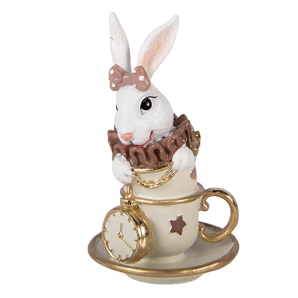 Decoratiune Pasti iepuras in cescuta crem aurie cu ceas, 14 cm