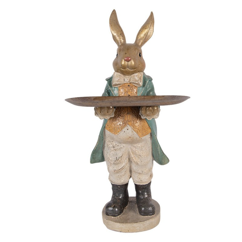 Decoratiune Pasti iepuras elegant cu platou pentru dulciuri, model antichizat, 46 cm