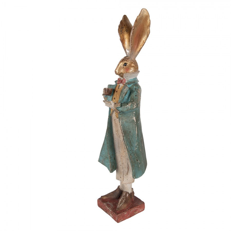 Decoratiune Pasti iepuras elegant cu ceasca, model antichizat, 46 cm