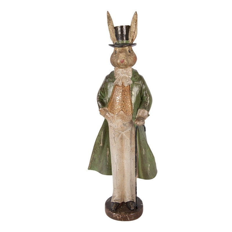 Decoratiune Pasti iepuras elegant cu haina verde si baston, model antichizat, 47 cm